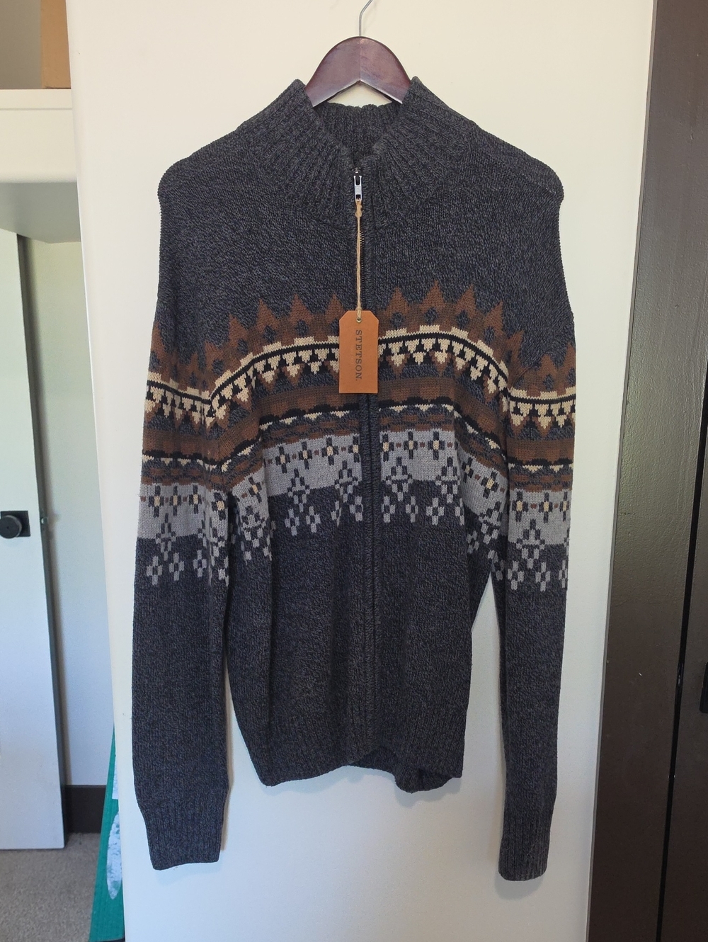Stetson Men's Full-Zip Fair Isle Sweater - Gray & Brown- Medium